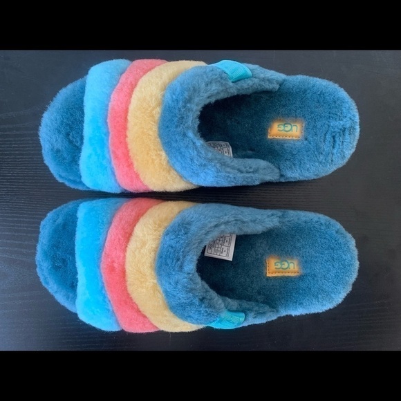 New MEN UGG FLUFF YOU MARINA BLUE MULTI STRIPES SLIPPERS NEW WITHOUT BOX # Slide - Picture 3 of 5